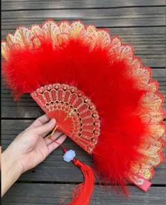 Eco-friendly Ancient Wind Folding Super Fairy Dance Square Dance Show Net Red Black Peacock marabou Led chicken Feather hand Fan for dance