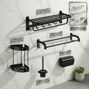 Ensemble d'accessoires de salle de bain modernes en métal, 5 pièces, imperméable, à fixer au mur, porte-serviettes, porte-brosse de toilette - Product Image 1