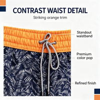 Shorts de plage pour hommes à imprimé palmier tropical, en polyester, avec cordon de serrage contrastant, pour les vacances, vente directe usine