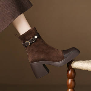 Meilleures ventes : Bottes mi-mollet décontractées en cuir de vachette pleine fleur, couleur unie, style rétro, avec ceinture décorative, imperméables, antidérapantes, à talon épais et confortable - Product Image 3