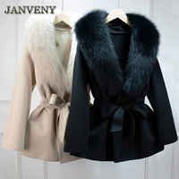 Manteau en laine double face en cachemire pour femme JANVENY 2024, hiver, surdimensionné, avec col en fourrure de renard moelleuse détachable