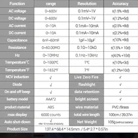 Multimètre numérique intelligent ANENG 616, 6000 points de lecture True RMS, testeur de tension AC/DC à sélection automatique avec NCV et mesure de température.