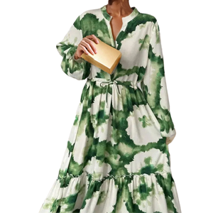 Abiti Lunghi Stampati a Colori per <span class=keywords><strong>Donna</strong></span>, Nuova Moda Primavera-Autunno, Scollo a V, Maniche Lunghe, Volant e Spacco, Vestito Elegante da Ufficio - Product Image 5