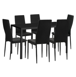 Table à manger noire moderne en gros avec <span class=keywords><strong>6</strong></span> chaises rembourrées – Ensemble <span class=keywords><strong>de</strong></span> salle à manger confortable pour usage hôtelier, écologique - Product Image 1