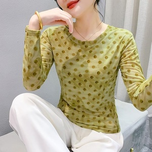 Primavera estate floccaggio a maniche lunghe Top a pois girocollo da donna Top traspirante tessuto di maglia snellente <span class=keywords><strong>vestiti</strong></span> per ragazze - Product Image 2