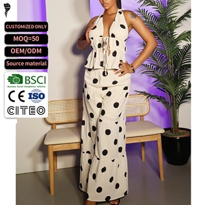 Custom Polka Dot 2 Piece <b>Set</b> Halter Deep V Front Tie Peplum Top Tiered Wide Leg Pants Women Vacation Matching Co Ord - Product Image 1