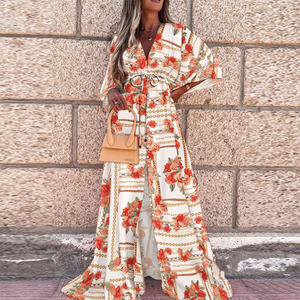 Vestido Maxi de Playa con Estampado Floral, Cuello en V, Botones Delanteros y Mangas Murciélago para Mujer, Tallas Grandes, Dropshipping Shopify - Product Image 4