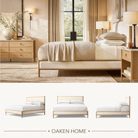Cadre de lit en bois de chêne clair OAKEN avec tête de lit rembourrée en tissu crème, lit plateforme minimaliste à profil bas, lit king-size, meubles de chambre à coucher