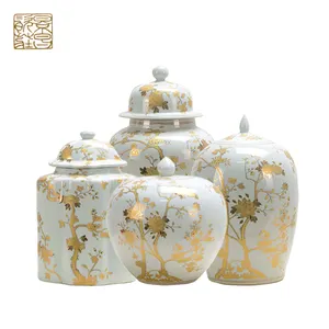 Wholesale Chinese custom antique porcelain luxury home goods decorative temple ceramic yellow Ginger jar with lid