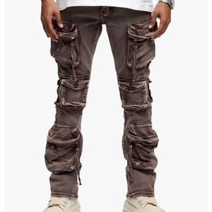 تصنيع المعدات الأصلية بنطلون رجالي وبنطلون مخصص عالي الخصر نحيف قطن متعدد الجيوب سراويل جينز كاكي للرجال مغسولة جينز مضيئة مكدسة - Product Image 3