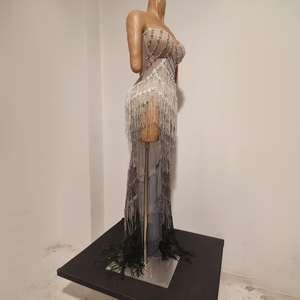 Robe de soirée TianYi à franges en cristal dégradé argent-noir, bustier sans bretelles à motif treillis, longueur ras du sol, costume de scène pour showgirl - Product Image 2