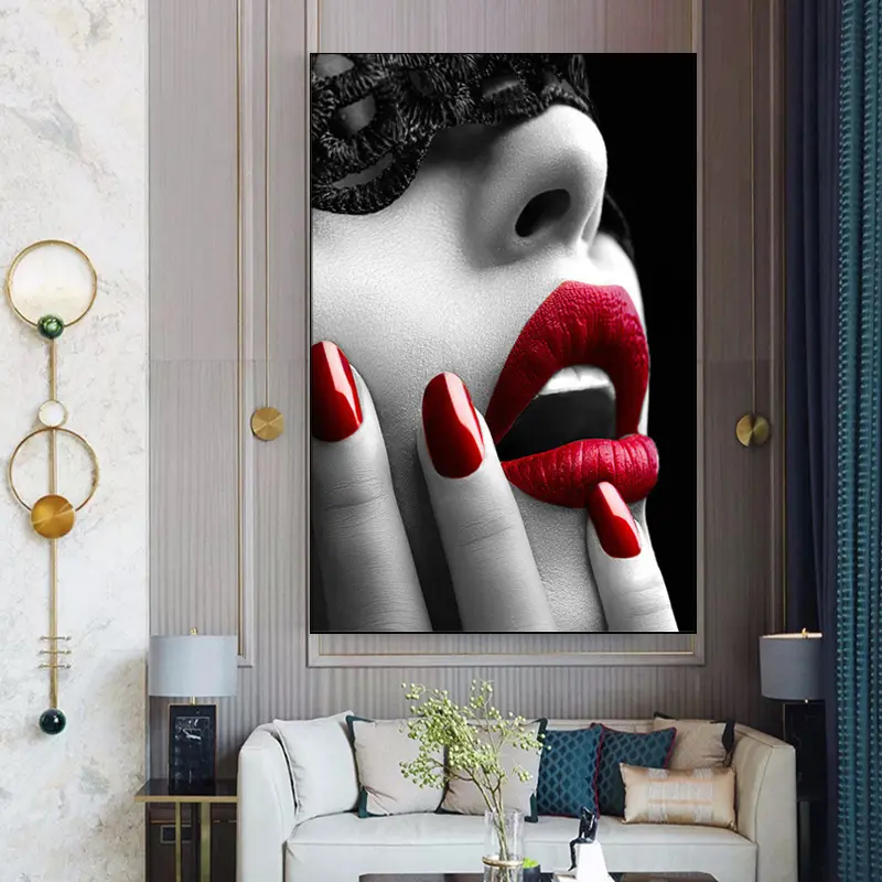 ポスターとプリントセクシーな女性の赤い唇と爪のファッション現代美術の印刷キャンバスの壁の芸術