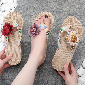New Summer Imitation Hemp Rope Floral Flip Flops Thick Wedge Sole Casual Beach <b>Slippers</b> For Outdoor Wear Women - Product Image 1