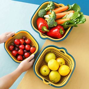 6-piece Set Double-layer Plastic Vegetable Fruit Kitchen Drain <b>Basket</b> Multi-functional Square Wash Drain for Food Use Camping - Product Image 2