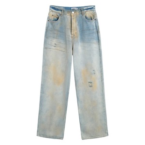 Jeans slim décontractés pour hommes, personnalisés, style hip-hop urbain, délavés, à bords bruts et patchs, écologiques, tissés, grandes tailles, pantalons de mode - Product Image 1