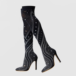 Stretch Fabric Bling Shoes 2024 Rhinestone Women Stiletto Heels Female Designer Pointed Toe Over the Knee <b>Boots</b> - Product Image 5