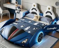 Lit moderne écologique et confortable avec rangement lumineux, lit multifonctionnel en forme de voiture de course pour la chambre des garçons