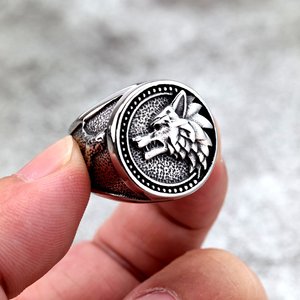 Retro Stainless Steel Men's <b>Ring</b> Wolf Head Design Viking Odin Style Animal Pattern Round Shape Gift Jewelry - Product Image 1
