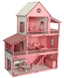Rumah Boneka Kayu Miniatur Alami dengan Aksesoris untuk Anak Perempuan Bermain Peran Berpura-pura Mebel Mainan Set Rumah Boneka Kayu Pabrik Turki