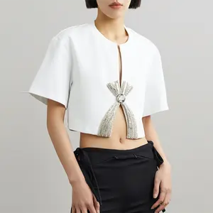 CHICEVER New Style Slim Patchwork Diamonds Bowknot Crop Top Plain T Shirt For Women