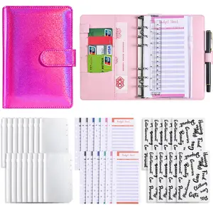 Carnet A6 en cuir PU Journal 6 anneaux classeur planificateur paillettes couverture budget classeur avec enveloppes à monnaie cahier pour filles