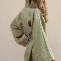 Robe Courte Cardigan Kimono Col V en Coton Lin à Manches Longues avec Ceintures Style Robe Lacets pour Femme Été Ample Personnalisée