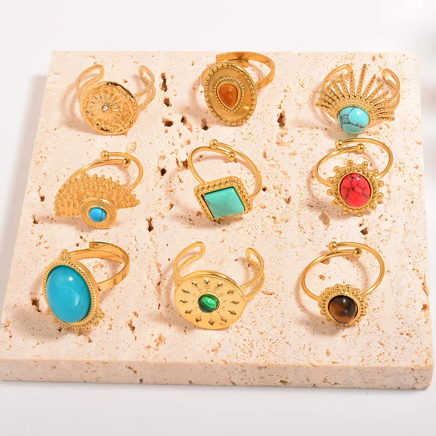 Conjunto de anéis de aço inoxidável 14k, conjunto de anéis ajustáveis com cristal, amarelo aquático, ouro veicular, turquesa, rosa, quartzo, ruby