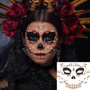 Autocollants de tatouage de crâne en strass pour Halloween, décorations faciales en cristal auto-adhésives pour maquillage de fête - Product Image 3