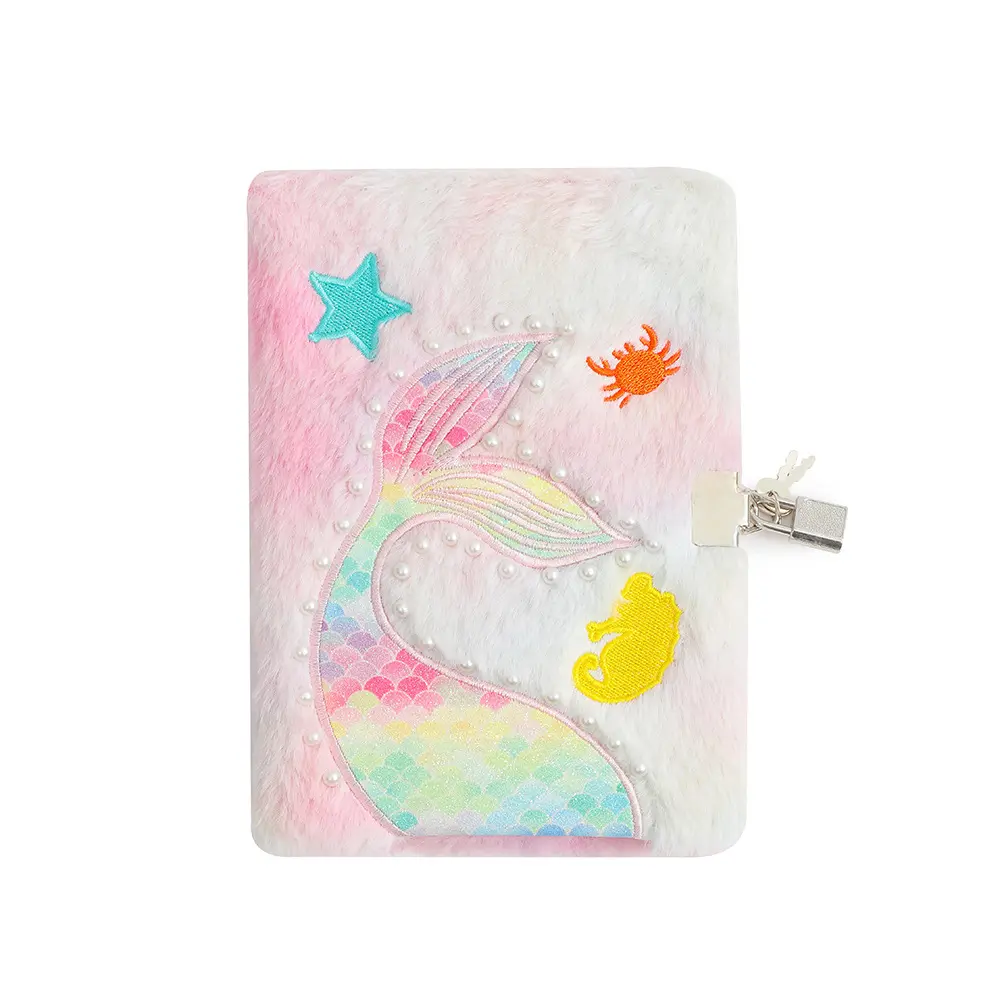 Kawaii Cute Mermaid Design Hardcover School Notebook A5 Size Plush Secret Diary for Kids Girls Sewn Binding for Gift Use