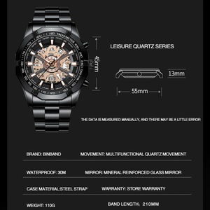 Montres pour hommes BINBOND S033, luxe, design creux, quartz, non mécaniques, étanches 30M, design creux tendance, classiques - Product Image 3