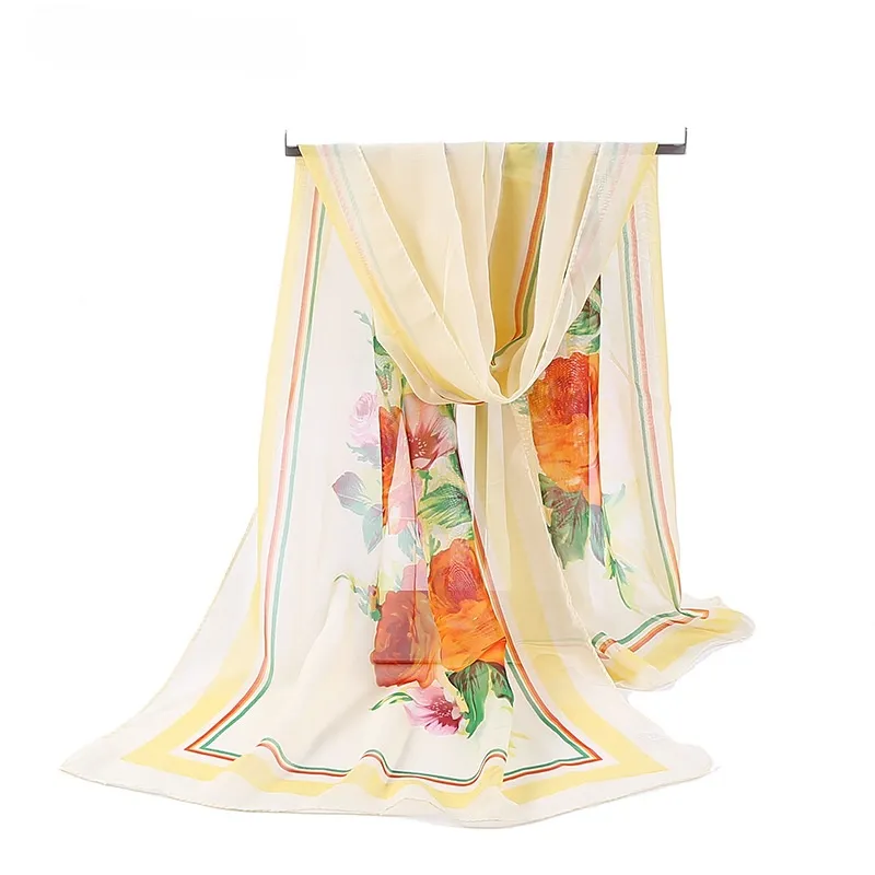 Fashion Summer Shawl Chiffon Material New Silk Scarf Long Hijab Print Rose Bandana Beach Women Butterfly Warp Knitting 100%