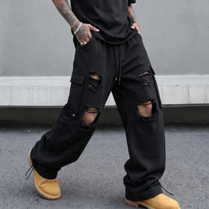 Pantalon de survêtement cargo déchiré noir pour homme, taille élastique avec cordon de serrage, style urbain, décontracté, automne - Product Image 1