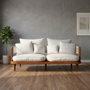 Midcentury Modern Two Seat <b>Sofa</b> With Wooden Frame And Fabric Cushions <b>Pillow</b> Back Design For Living Room - Product Image 4