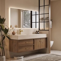 Kabinet Kamar Mandi Kayu Veneer Walnut Modern Berkualitas Tinggi MDF, Kabinet Kamar Mandi Gantung Dinding, Populer untuk Hotel