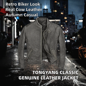Blouson de motard en cuir véritable pour homme, style vintage, col montant, fermeture éclair, coupe droite, vêtement d'extérieur décontracté pour l'automne - Product Image 2