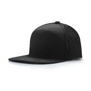 Casquette 7 panneaux à bord plat réglable noir uni camionneur logo personnalisé patch sport extérieur course snapback avec applique personnalisée