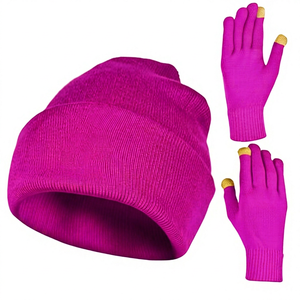 Bonnet unisexe en tricot d'hiver avec gants tactiles, couleur bleu uni, décontracté, pour l'extérieur, pour adultes - Product Image 4