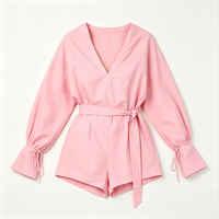 Mono de algodón de talla grande, mono con cuello en V, manga larga, cinturón de cintura, mono de ajuste relajado para mujer