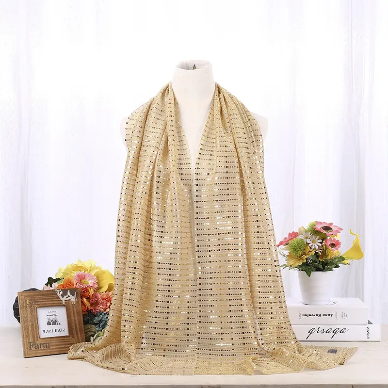 M289 Ethnic Style Scarf Gold &Silver Drawn Plain Crepe Hijab Scarf Wholesale Crinkle Silk Hijabs