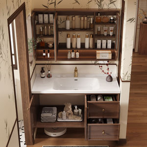 Meuble-lavabo de salle de bain de luxe en bois massif laqué de style chinois avec miroir intelligent 90 cm et lavabo en céramique intégré résistant à l'eau - Product Image 4