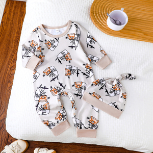 Combinaison tricotée pour bébé, automne, fermeture à boutons, manches longues, imprimé animal, unisexe, vêtements pour ramper, avec chapeau - Product Image 1