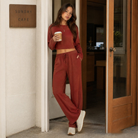 Pyjama court en coton modal soyeux pour femme, ensemble haut évasé à manches longues et pantalon large à cordon de serrage, pour dormir et se détendre SOFT20
