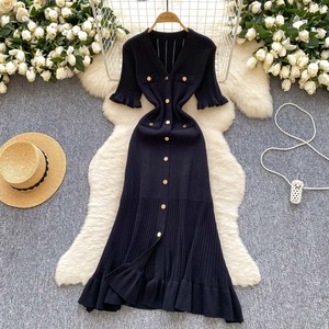Vestido de Punto Retro Francés 2026 para Mujer, Diseño de Verano con Volantes y Cierre de un Solo Botón, Vestido Largo <span class=keywords><strong>Elegante</strong></span> y Lujoso - Product Image 4