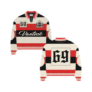 Maglietta da calcio con ricamo Vintage personalizzata maglietta Polo di Terry francese con stampa <span class=keywords><strong>termica</strong></span> a righe a <span class=keywords><strong>maniche</strong></span> <span class=keywords><strong>lunghe</strong></span> - Product Image 4