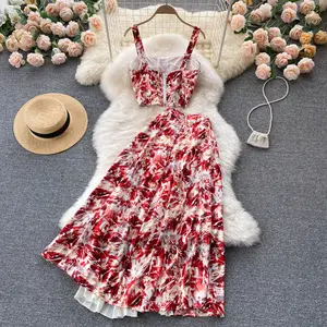 2022Seaside holiday print camisole tube top sleeveless two-piece suit Western style skirt large pleated dress