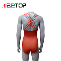 Justaucorps de gymnastique vintage américain pour lycéennes, rouge, bleu, orange, à chevrons, avec strass, dos croisé, sans manches