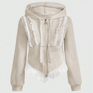 Sudadera con capucha de forro polar rosa con ribete de encaje personalizada OEM <span class=keywords><strong>para</strong></span> mujer, estilo Y2K, con cremallera y volantes, estética coquette, asimétrica y ajustada. - Product Image 4