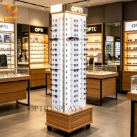 Présentoir rotatif lumineux à LED pour lunettes de soleil, sur pied 4 faces avec roulettes et base en bois, idéal pour centres commerciaux et magasins d'optique
