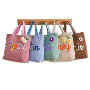Bolso de Corduroy con Nombre Personalizado, Bolso de Hombro de Cuerda de Algodón Tejida Personalizada, Bolso Tote Ligero <span class=keywords><strong>para</strong></span> Viajes y Uso Diario - Product Image 1