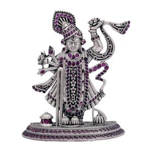 Vibrante Ídolo de Shrinathji en Piedra Rosa Púrpura con Detalles Oxidados en Plata de Ley, Estatua Religiosa de Plata Pura para Decoración del Hogar o Templo - Product Image 1